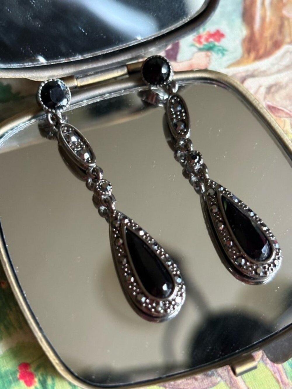 Art Deco Black Teardrop Dangle Earrings Marcasite Style